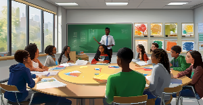 A lively classroom with diverse students collaborating on a project, surrounded by bright natural light and colorful educational materials.