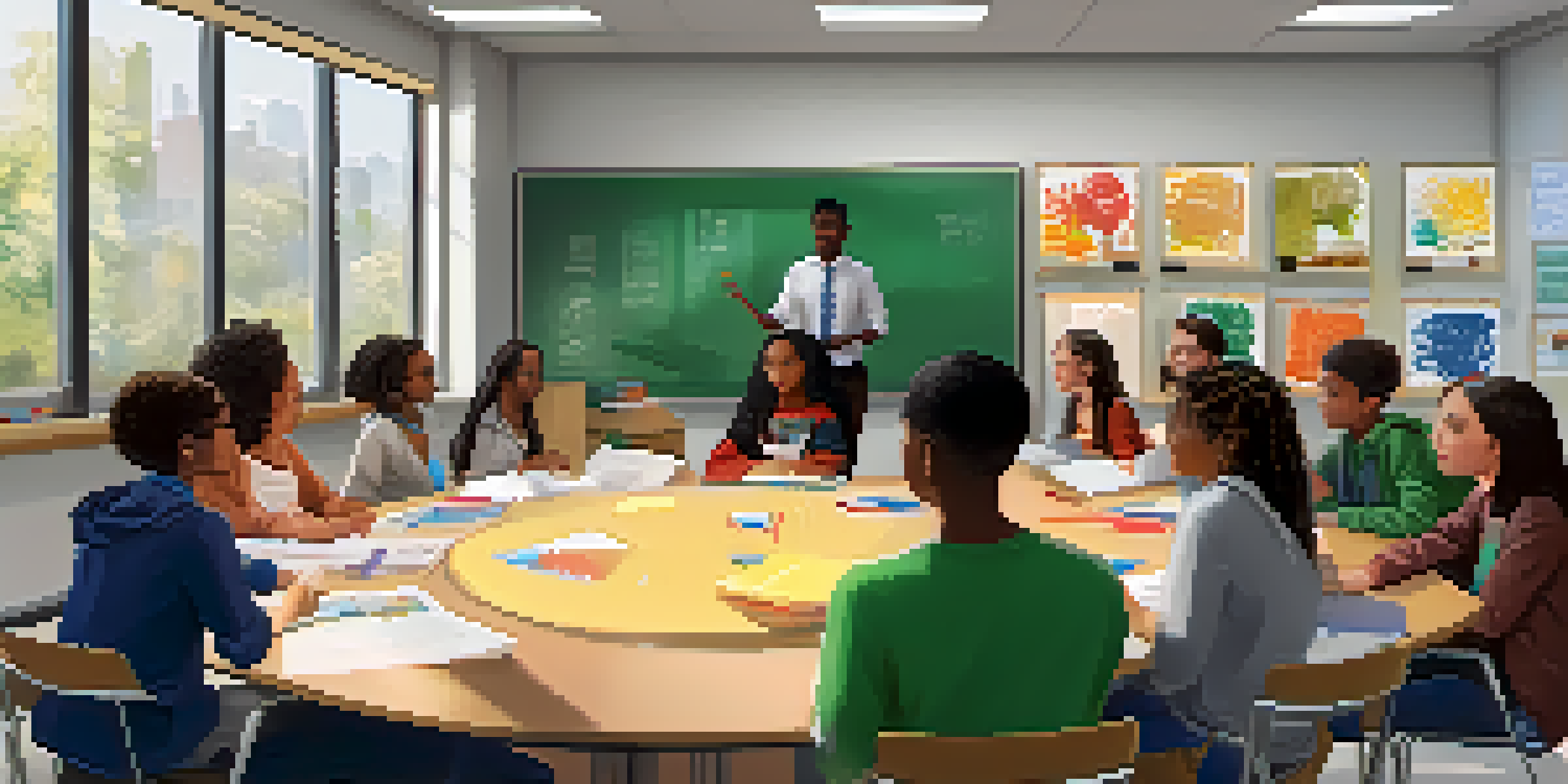 A lively classroom with diverse students collaborating on a project, surrounded by bright natural light and colorful educational materials.