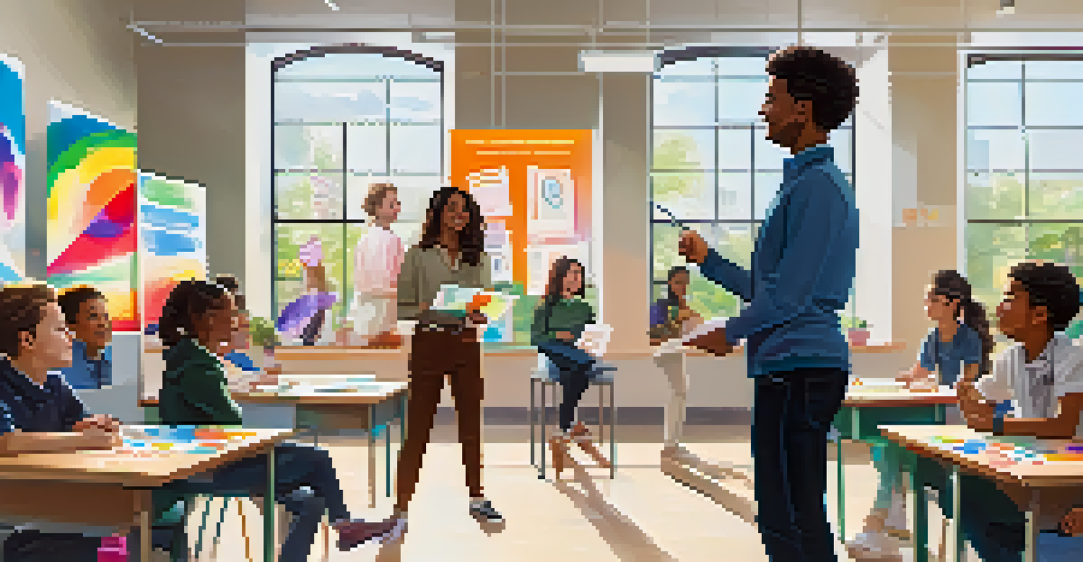 A diverse group of students actively participating in an emotional intelligence workshop in a bright classroom, with one student presenting and colorful educational posters on the walls.