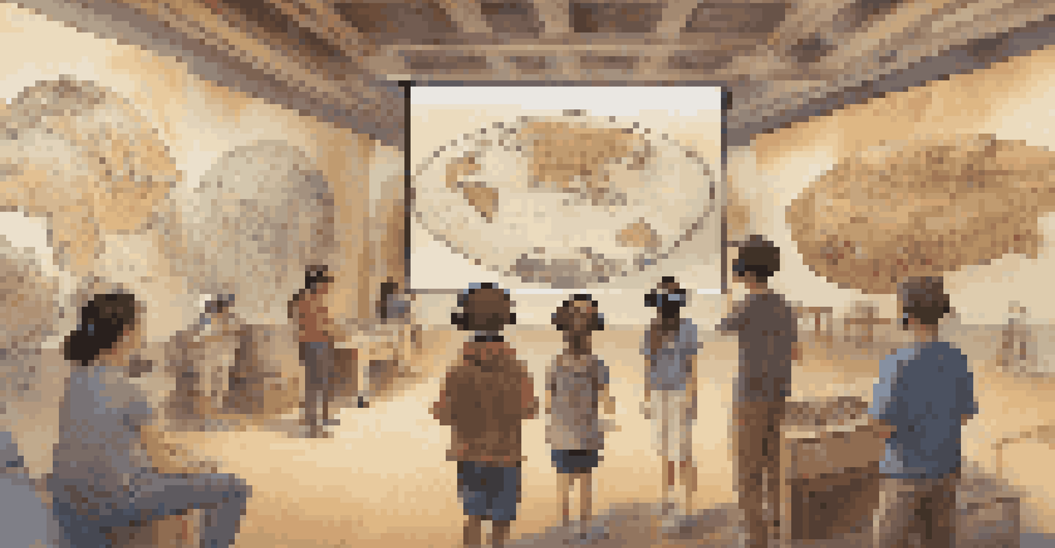 Students wearing VR headsets in a modern classroom, exploring an ancient civilization with digital maps and artifacts displayed around them.