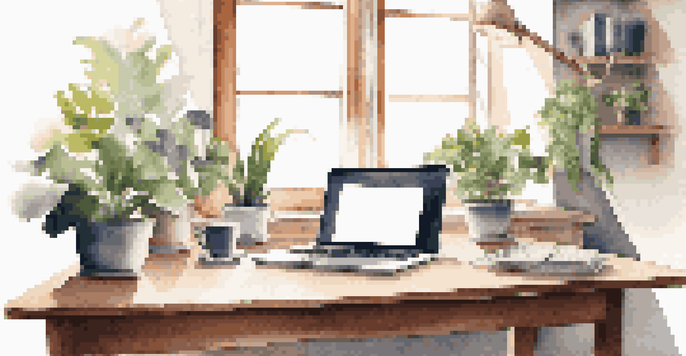 A cozy and organized workspace with a laptop, plants, and a coffee cup, illuminated by natural light from a window.