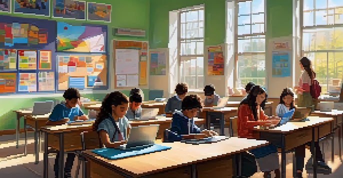 A diverse group of students in a brightly lit classroom using digital devices with a teacher guiding them.