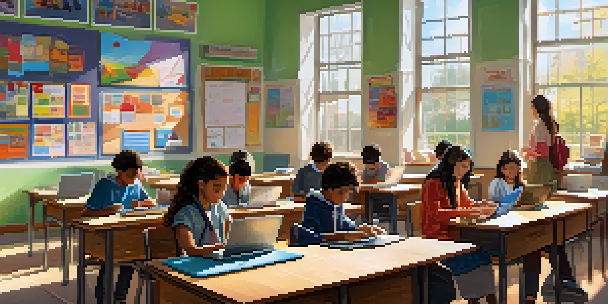 A diverse group of students in a brightly lit classroom using digital devices with a teacher guiding them.