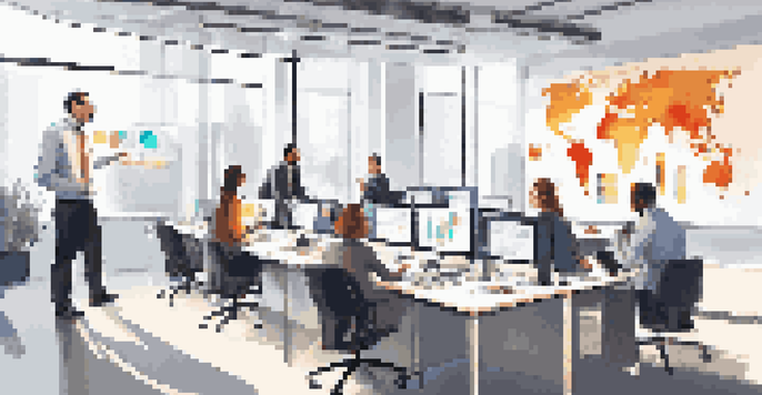 A group of professionals participating in an interactive webinar in a bright office, engaging with a presenter on a large screen.