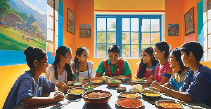 A diverse group of students sharing traditional foods in a bright classroom, promoting cultural exchange.