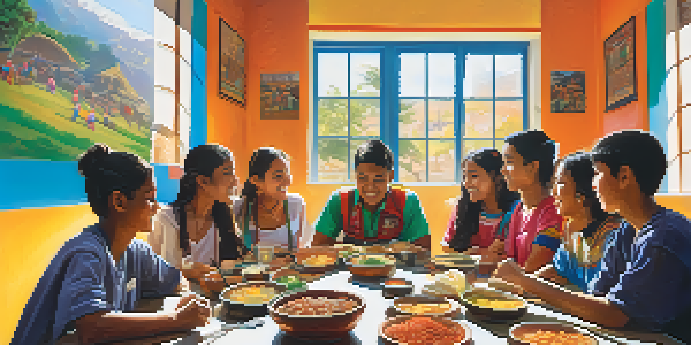 A diverse group of students sharing traditional foods in a bright classroom, promoting cultural exchange.