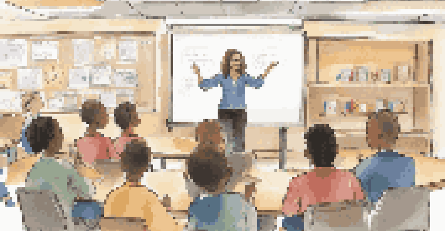 A teacher leading a classroom discussion on critical thinking, with students actively participating and raising their hands.