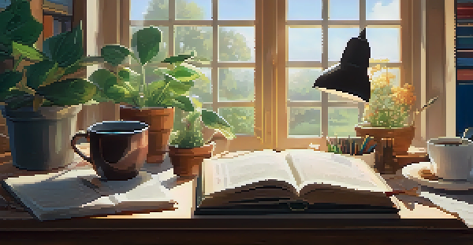 A cozy study area featuring a wooden desk with books, a laptop, and a cup of tea, illuminated by a desk lamp, with a view of a sunny garden through a large window.