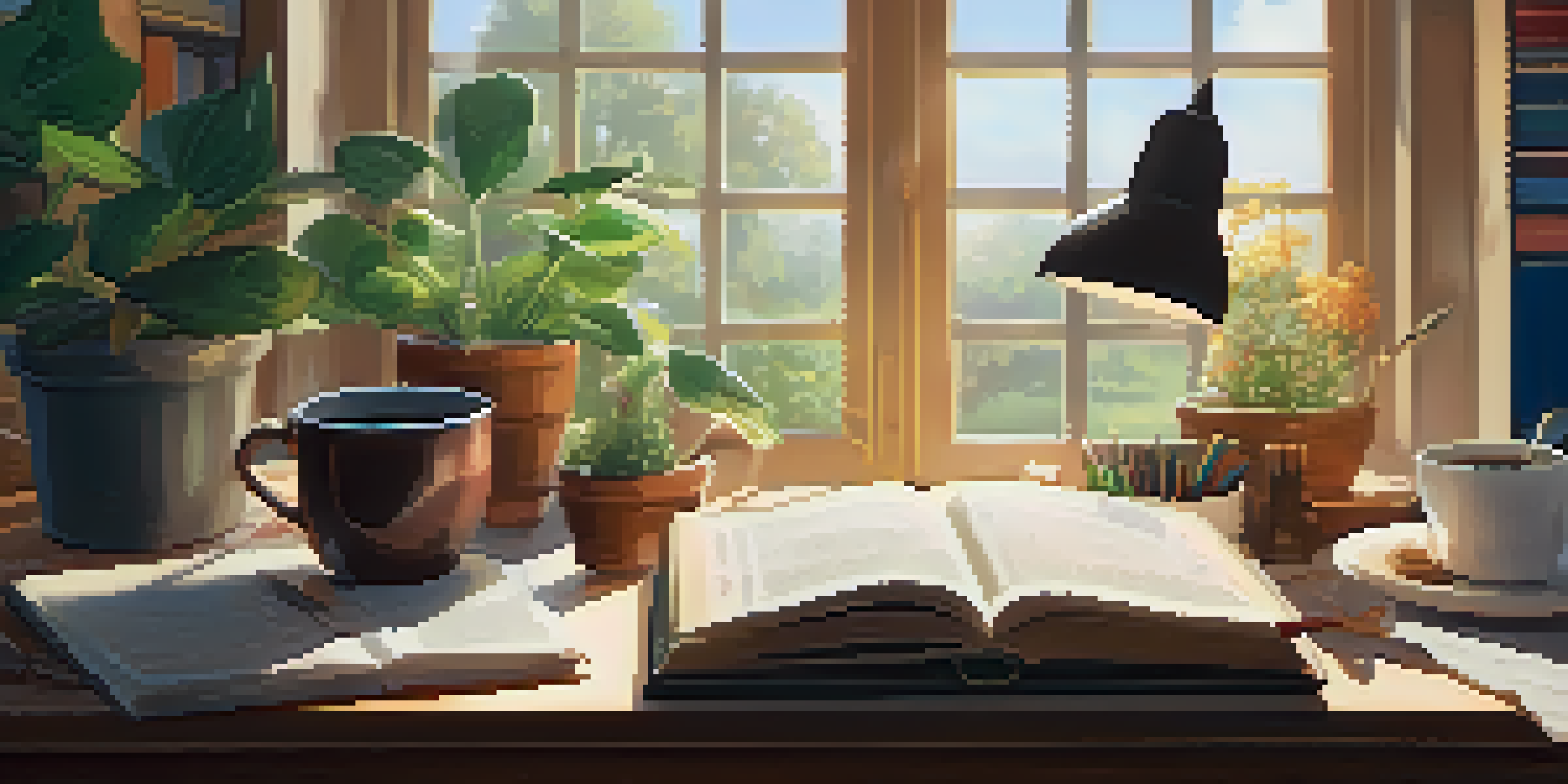 A cozy study area featuring a wooden desk with books, a laptop, and a cup of tea, illuminated by a desk lamp, with a view of a sunny garden through a large window.