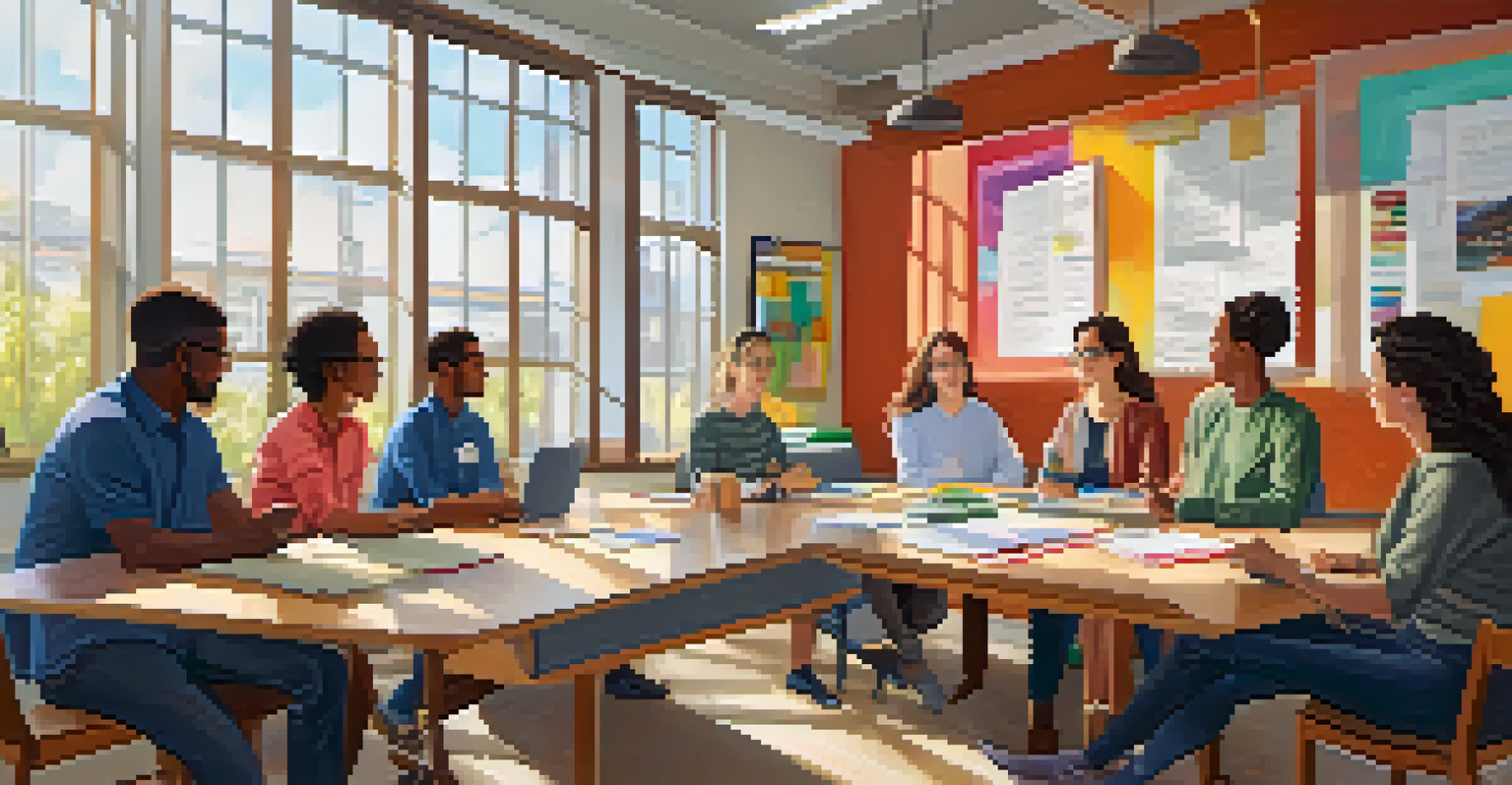 Educators collaborating and discussing ideas in a bright staff room, fostering teamwork and reflection.