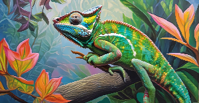 A chameleon perched on a branch, camouflaging with colorful leaves in a soft morning light.