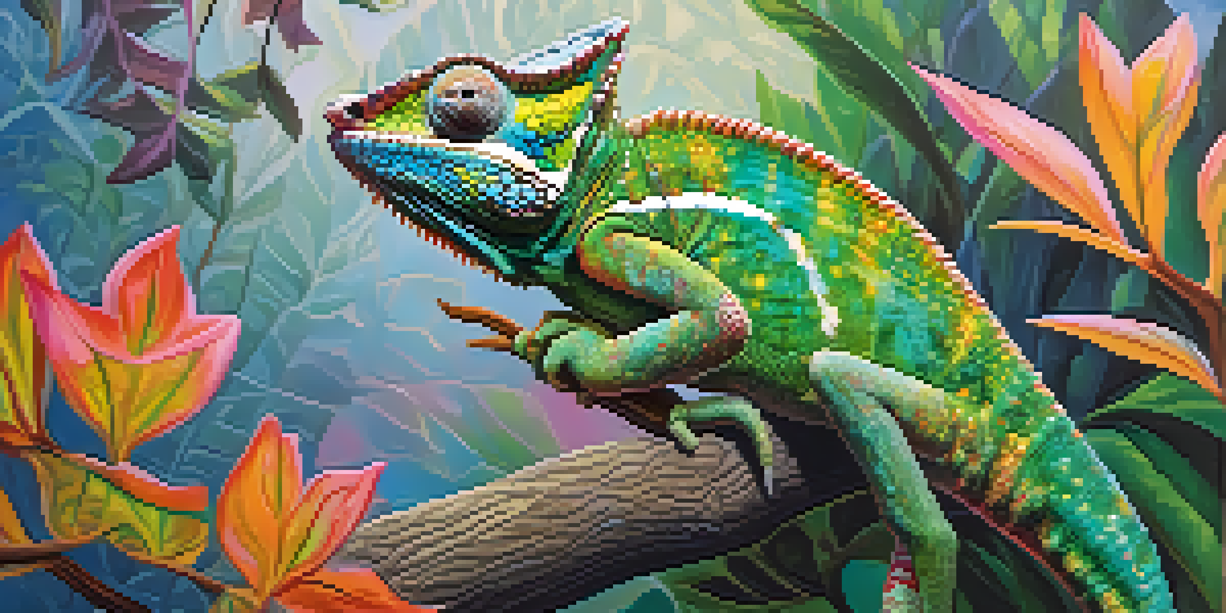 A chameleon perched on a branch, camouflaging with colorful leaves in a soft morning light.