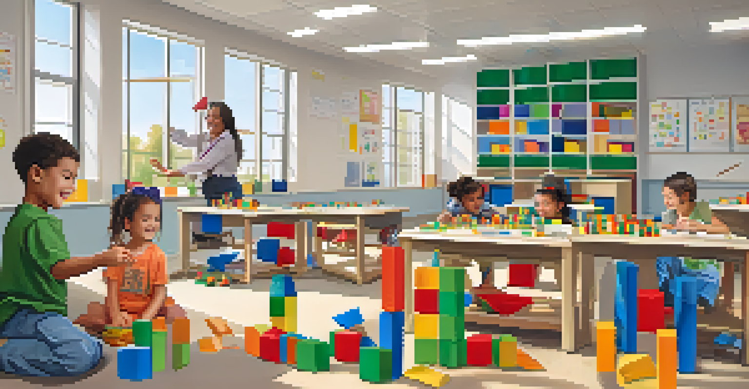 Children joyfully building structures with colorful blocks in a bright classroom filled with educational materials.