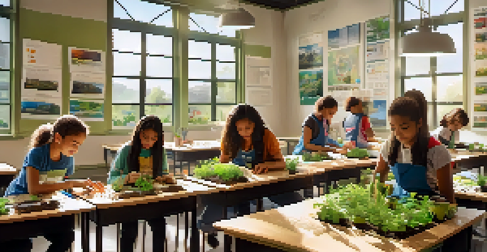 A lively classroom where students are actively involved in planting seeds and discussing sustainability projects, with educational posters on the walls and sunlight streaming in.
