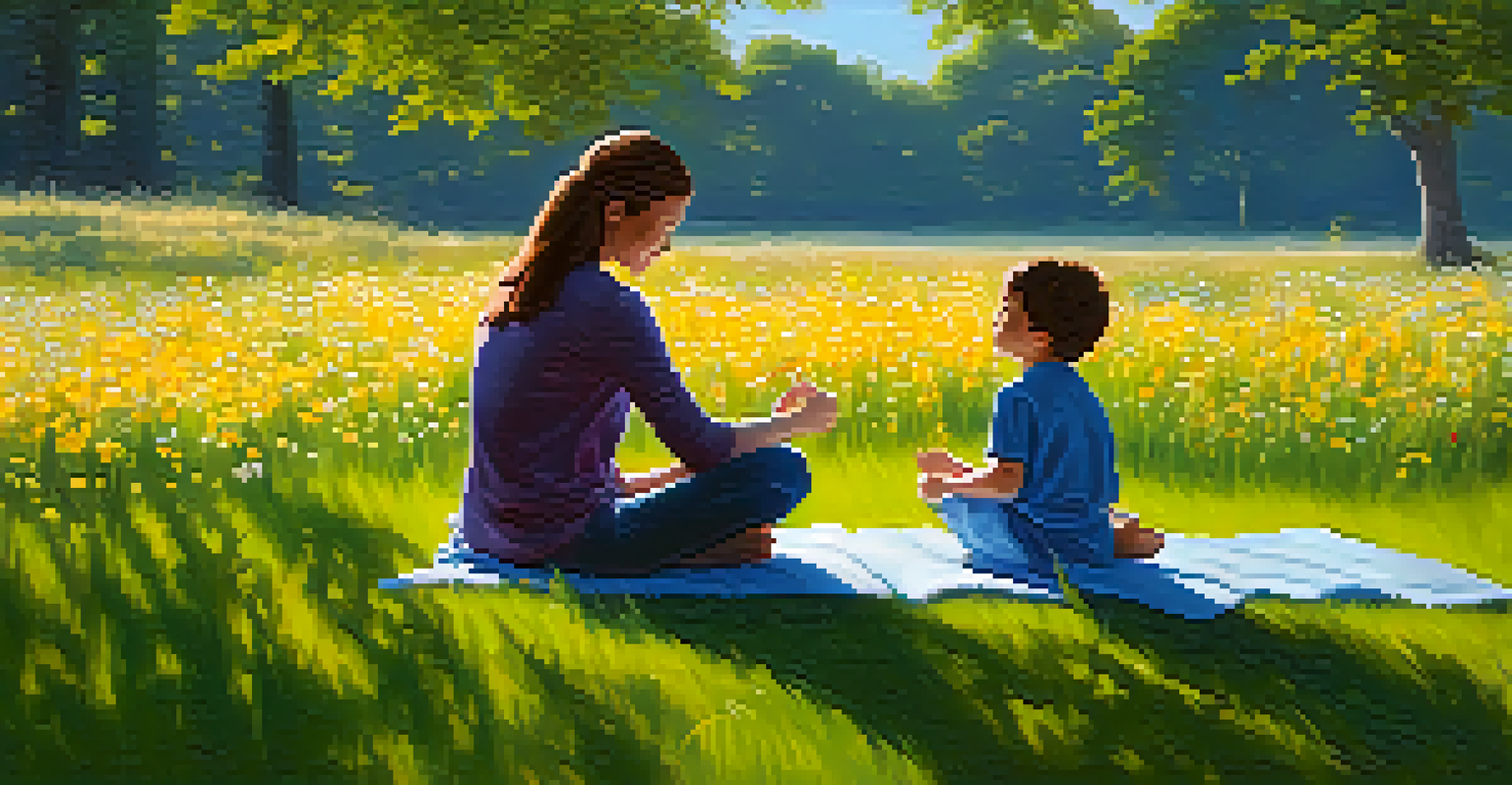 A parent and child practicing mindfulness outdoors in a grassy field, surrounded by blooming flowers and trees.