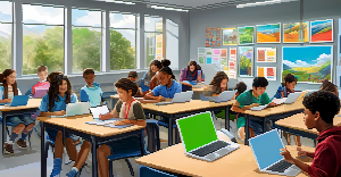 A vibrant classroom with students of various backgrounds working together on laptops and tablets, while a teacher assists them.