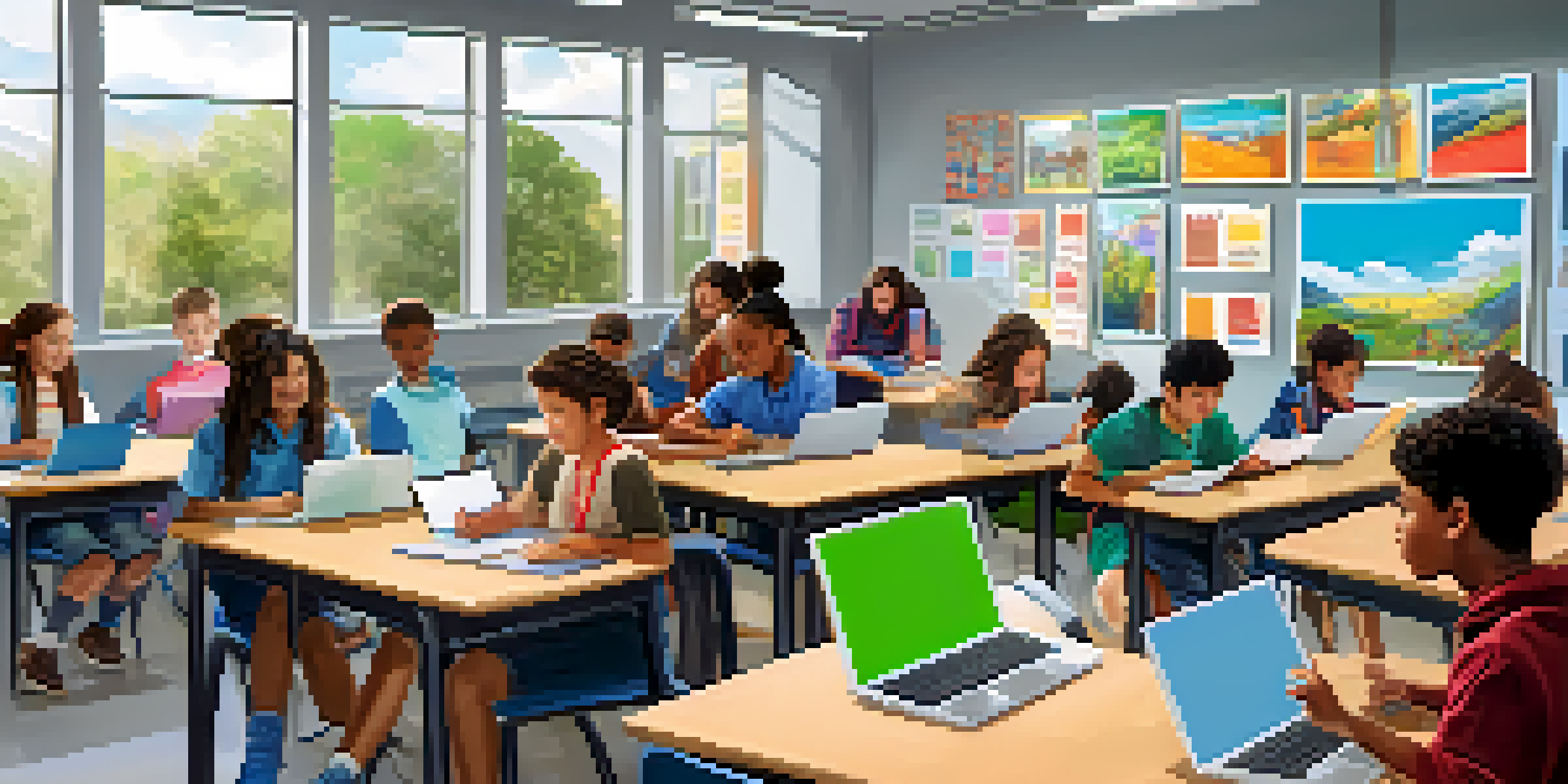 A vibrant classroom with students of various backgrounds working together on laptops and tablets, while a teacher assists them.