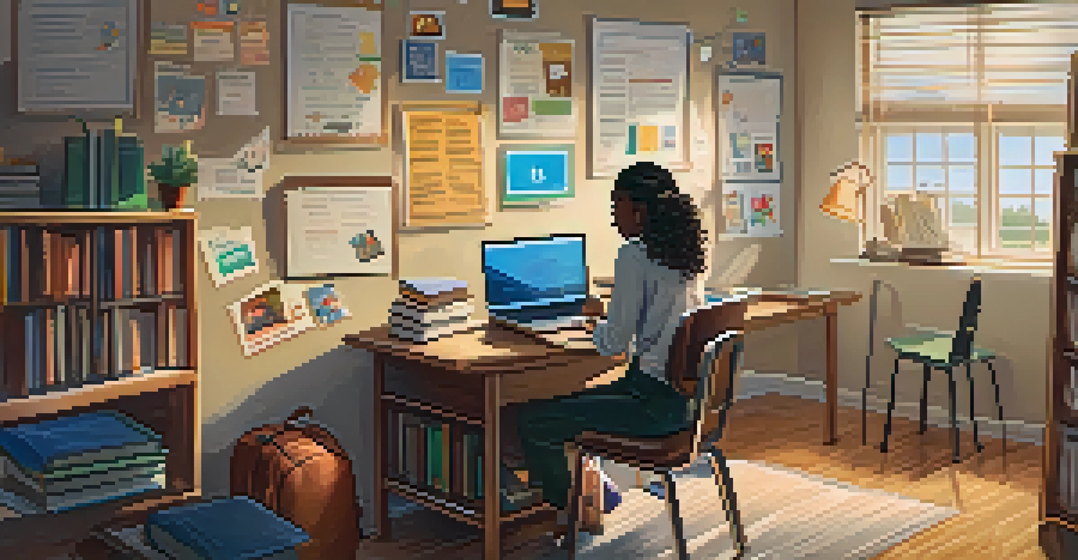 A student at a desk, engaging with a laptop open to a Learning Management System, surrounded by floating icons of educational resources, in a warmly lit room.