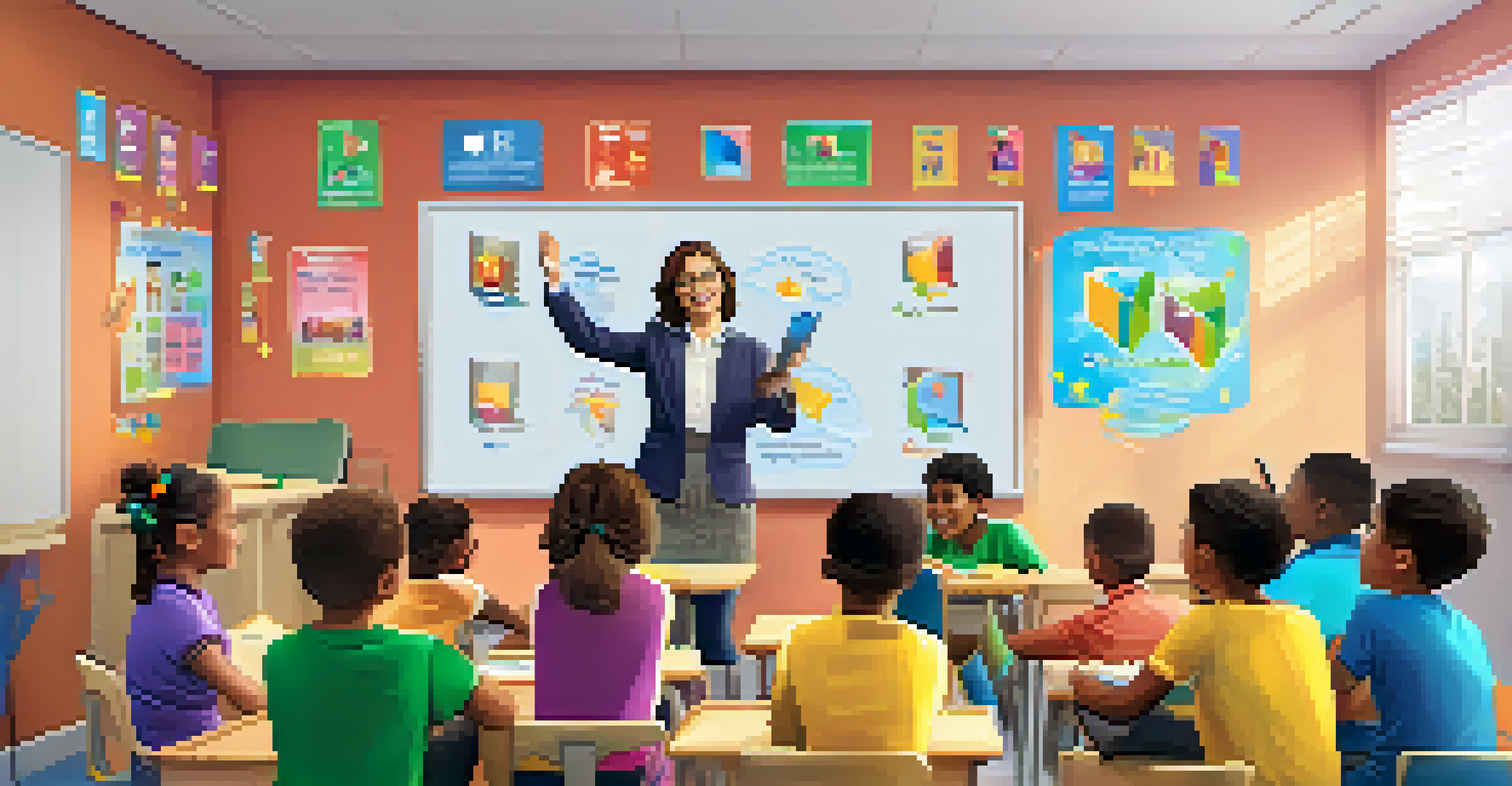 A teacher showing digital literacy to children in a colorful classroom, with students engaged and raising their hands.