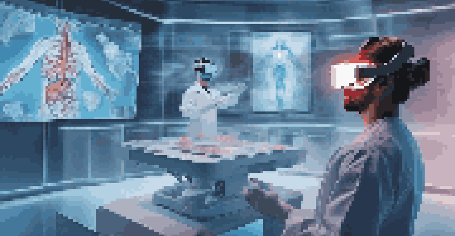 A medical student wearing a VR headset, surrounded by detailed 3D holograms of human anatomy in a simulated operating room.