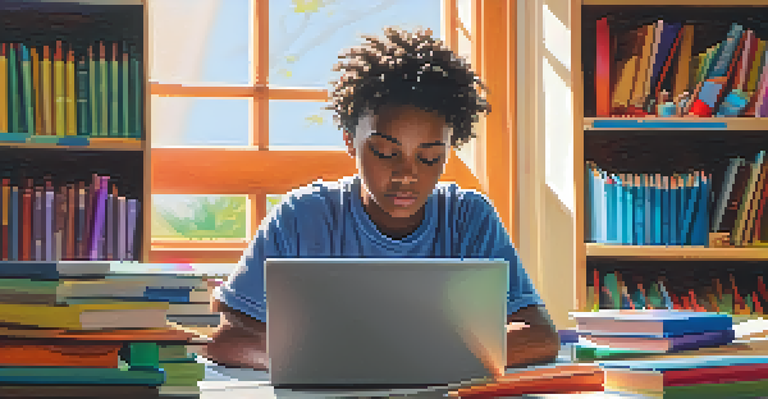 A young student focused on a laptop in a colorful classroom, with sunlight streaming in and school supplies around them.
