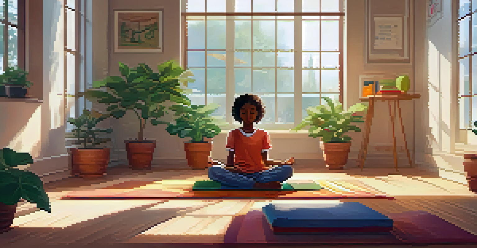 A student practicing mindfulness in a calm classroom setting, surrounded by soft mats and greenery, with sunlight streaming in.