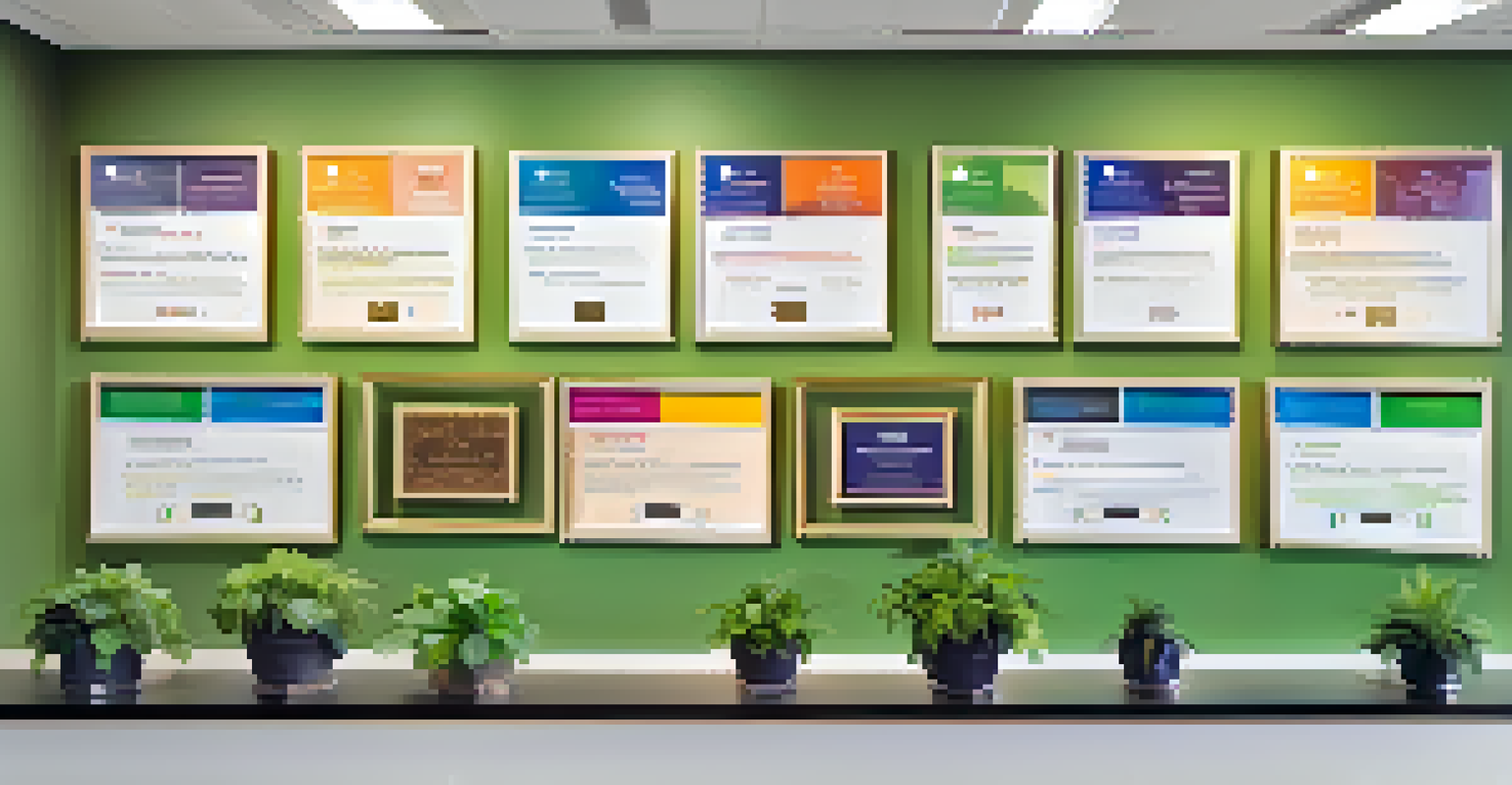 A wall showcasing awards and certificates in a bright and inspiring office setting.