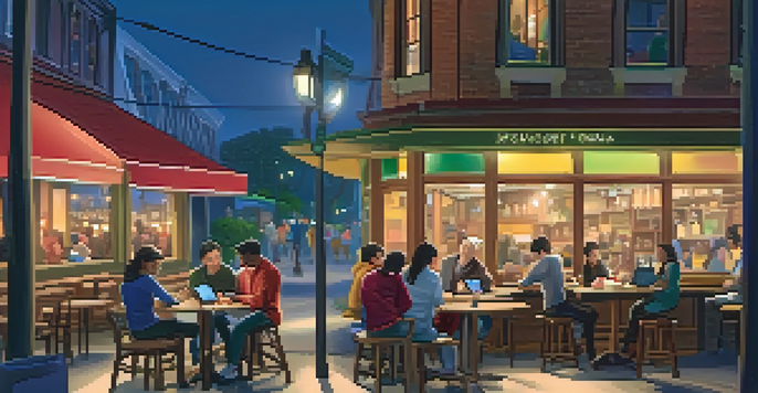 A student studying with a tablet in a cozy coffee shop, surrounded by warm lighting and wooden furniture.