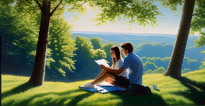 A young couple sitting on a grassy hill, discussing financial goals with a notepad and calculator, under a clear blue sky.