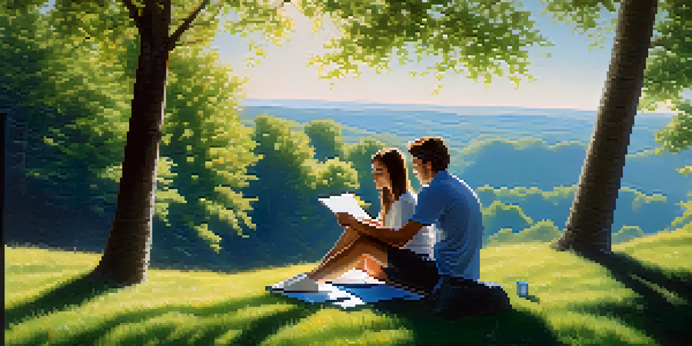 A young couple sitting on a grassy hill, discussing financial goals with a notepad and calculator, under a clear blue sky.