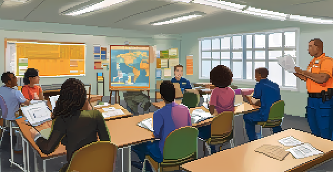 A diverse group of crisis response team members in a classroom, engaging in training exercises and collaborating on crisis management.