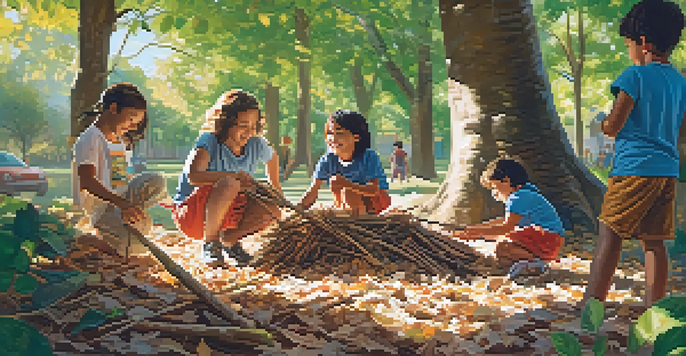 Children of diverse backgrounds building a fort with sticks and leaves in a sunlit forest, laughing and collaborating.