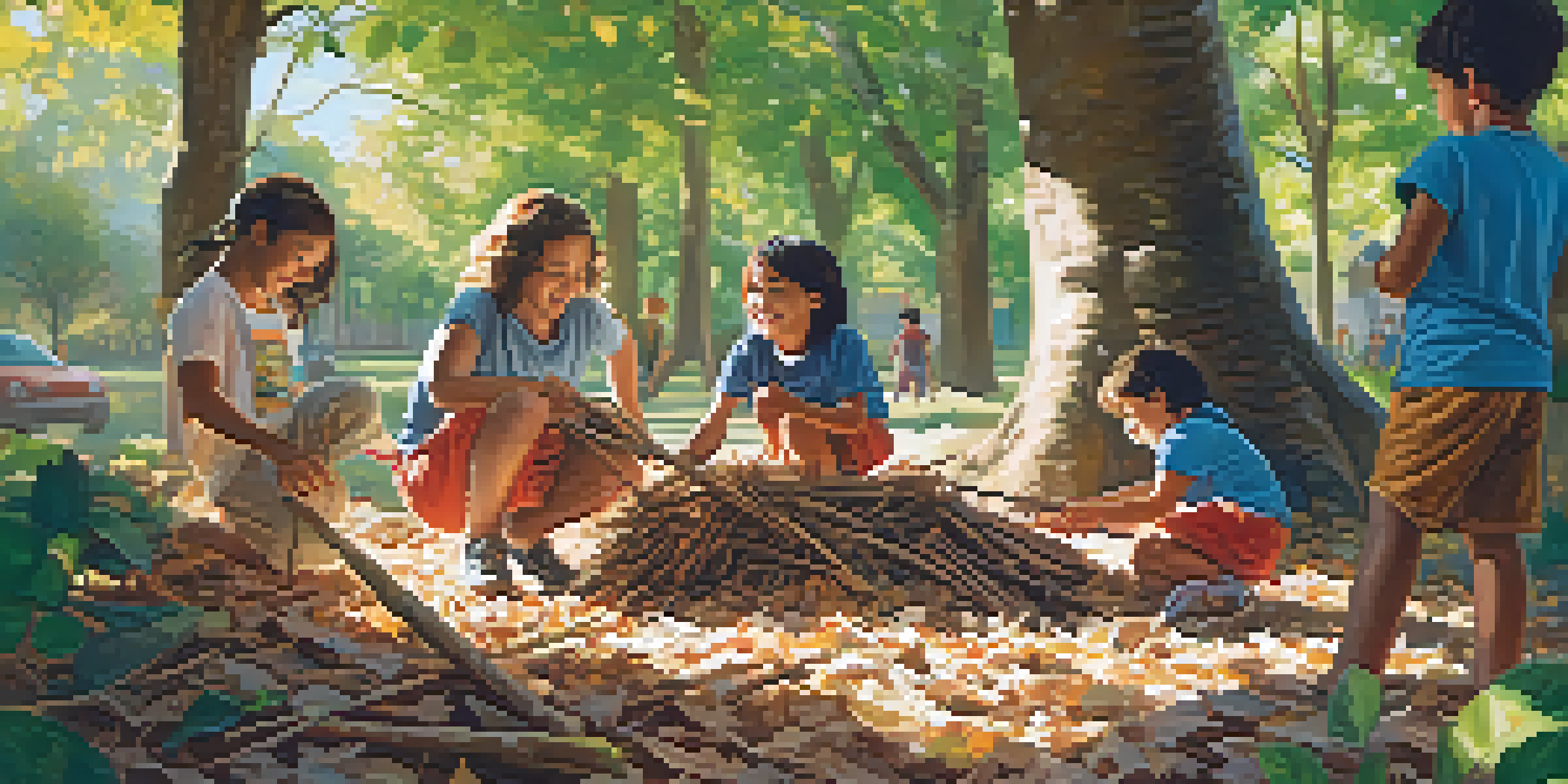 Children of diverse backgrounds building a fort with sticks and leaves in a sunlit forest, laughing and collaborating.
