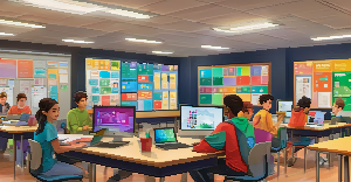 A lively classroom filled with students using laptops and engaging with a digital game interface, surrounded by colorful educational posters.