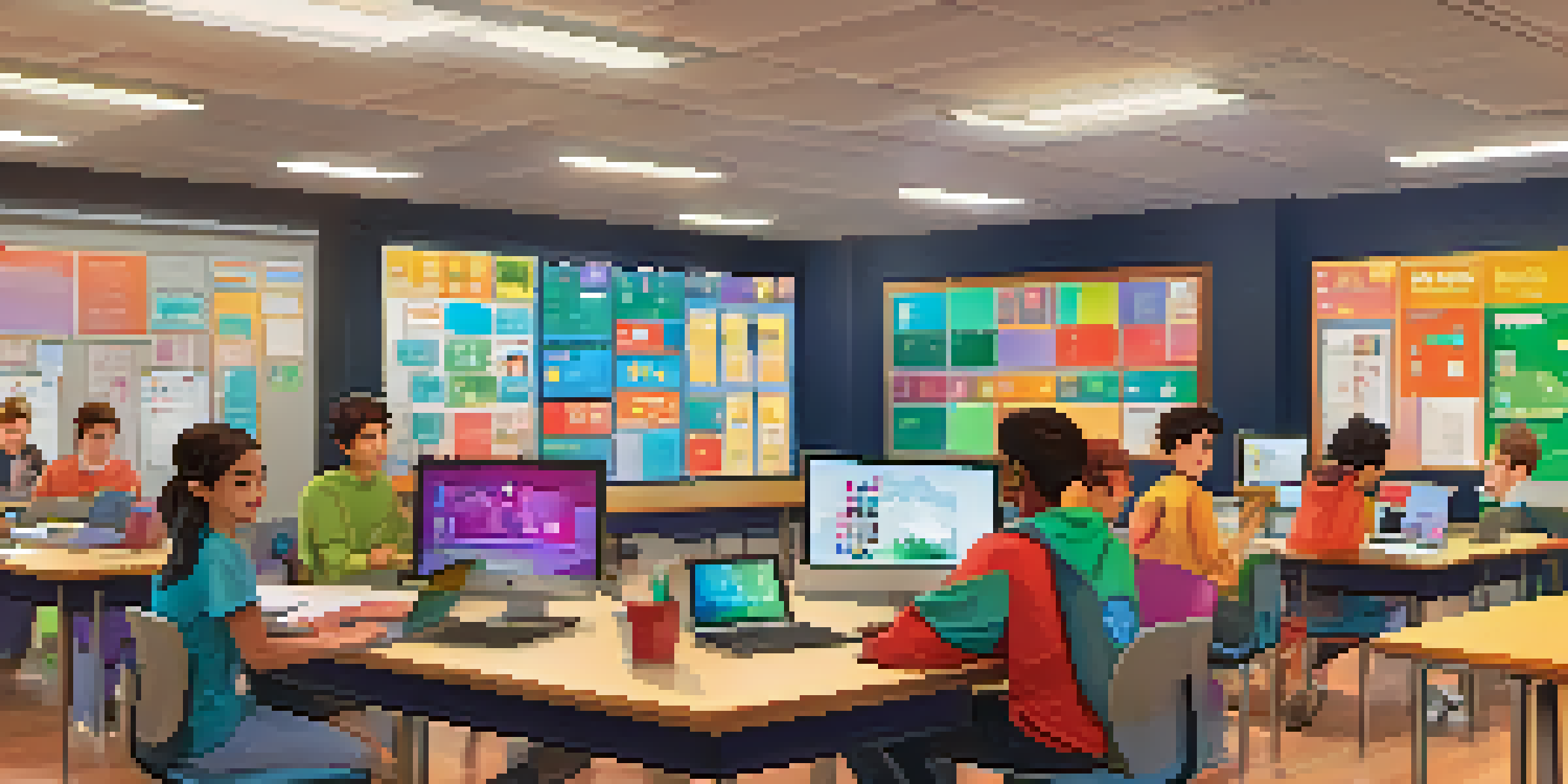 A lively classroom filled with students using laptops and engaging with a digital game interface, surrounded by colorful educational posters.