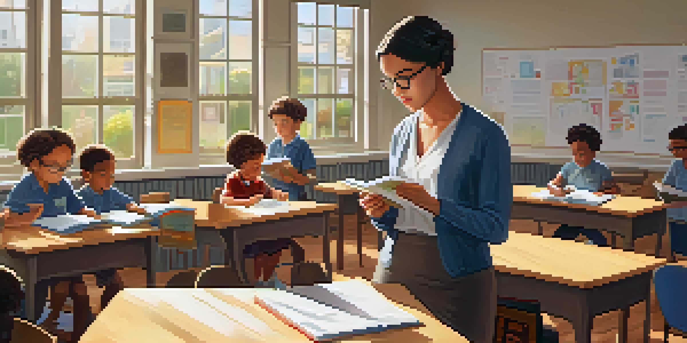 A classroom with two teachers, one guiding the other, surrounded by educational materials and warm sunlight.