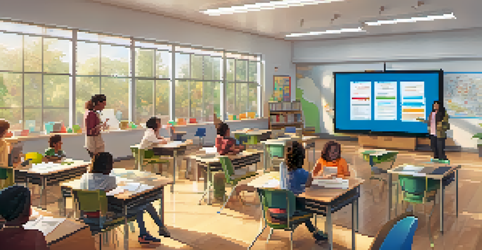 A vibrant modern classroom where a teacher interacts with both in-person and online students, with a large interactive screen and diverse students engaged in learning activities.
