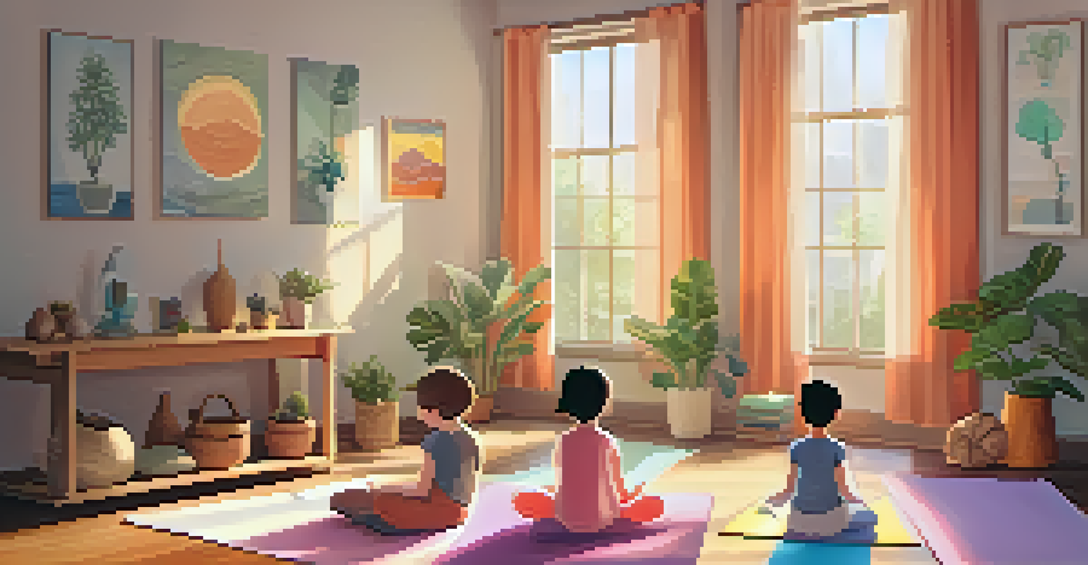Children practicing yoga in a cozy, softly lit room, with colorful mats and plants in the background for a calming atmosphere.