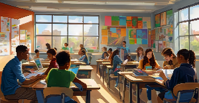 A lively classroom with diverse students working together on a project, surrounded by bright colors and natural light.