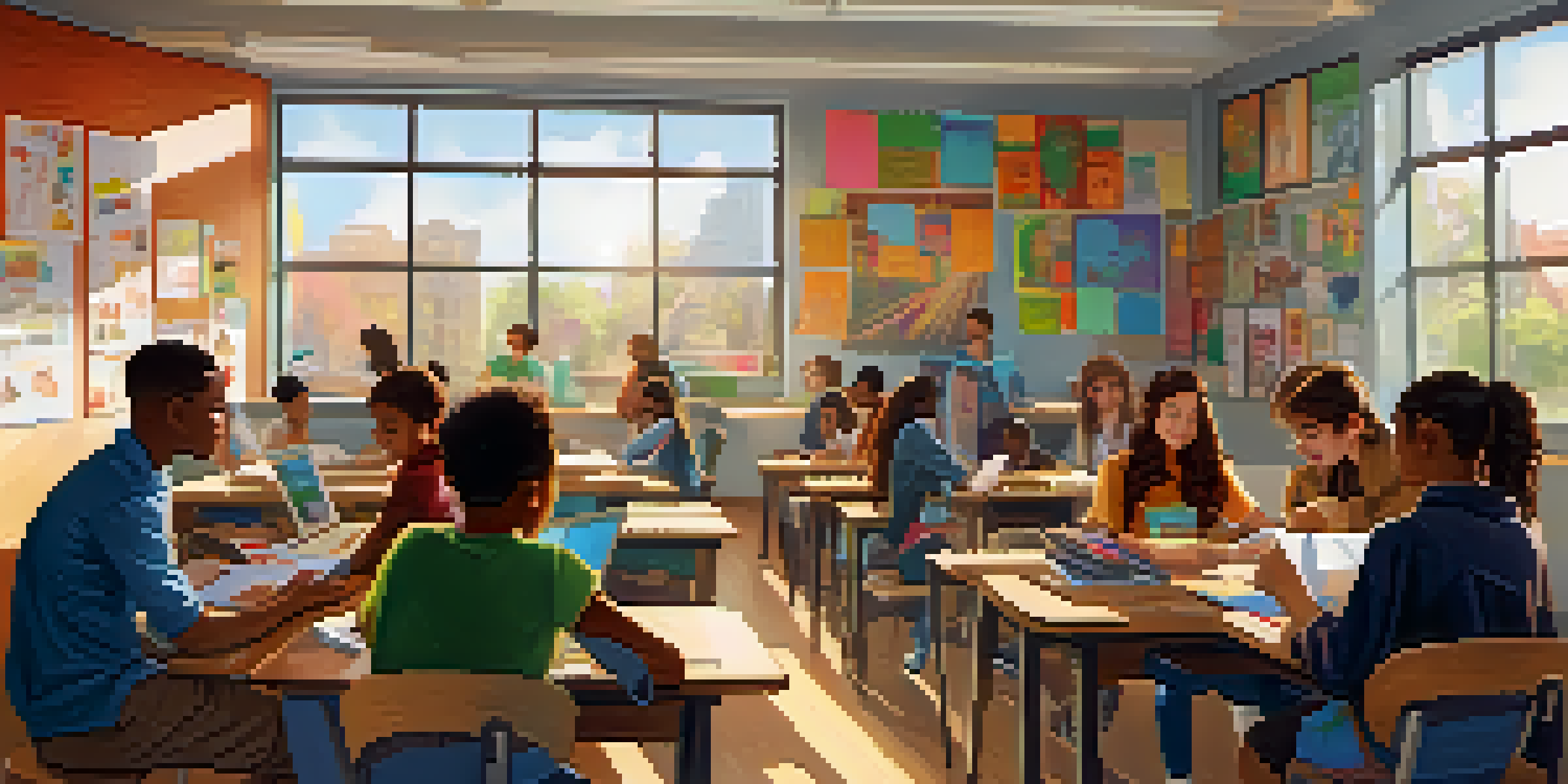 A lively classroom with diverse students working together on a project, surrounded by bright colors and natural light.