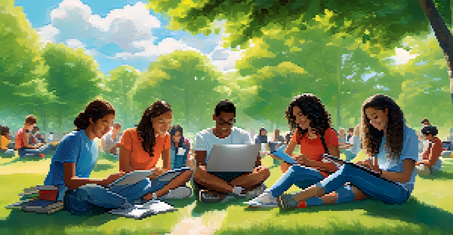 Diverse students collaborating on a project with mobile devices in a park, showcasing teamwork and engagement in learning.