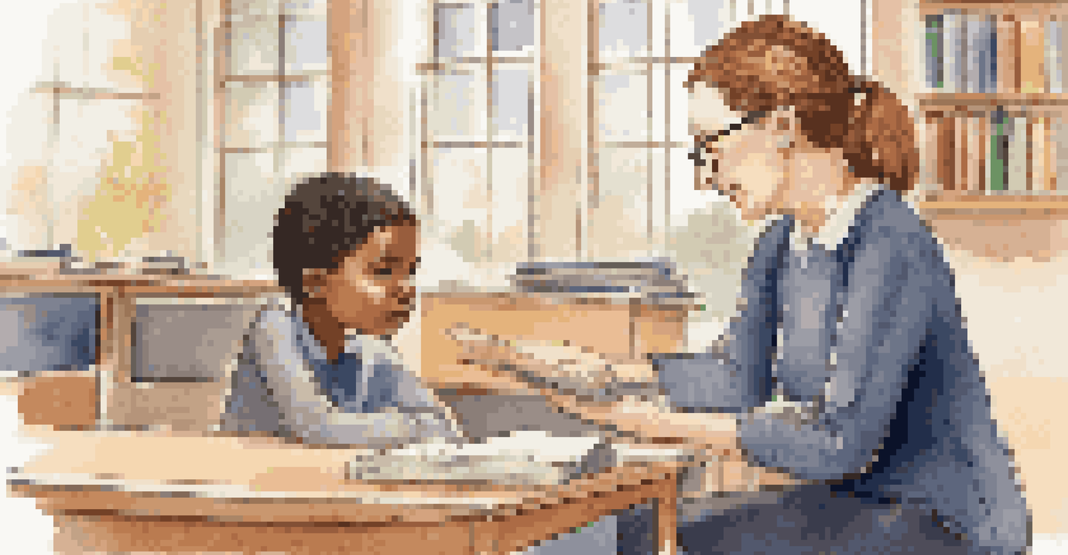 A teacher kneeling to engage with a student in a cozy classroom, demonstrating empathy and attentiveness.