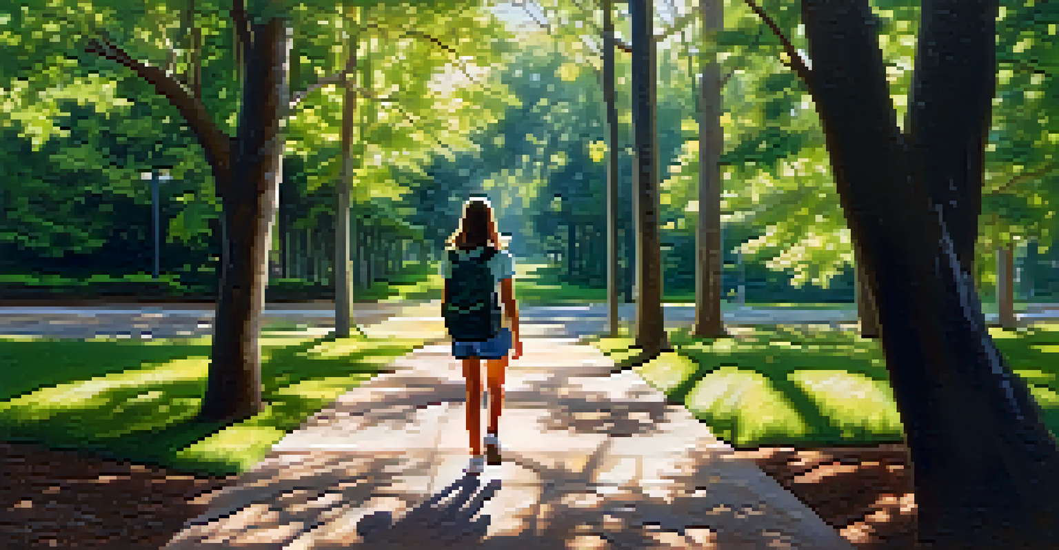 A student walking mindfully on a path surrounded by greenery, illustrating a moment of calm and focus.