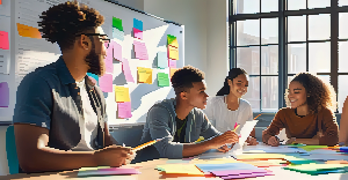 A group of diverse students working together on a project in a bright classroom, surrounded by whiteboards and laptops.
