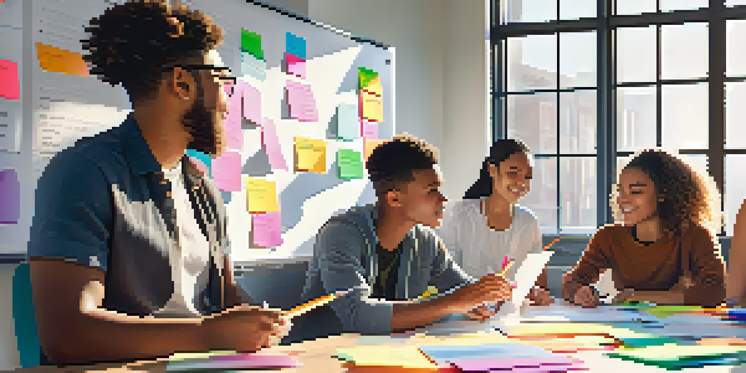 A group of diverse students working together on a project in a bright classroom, surrounded by whiteboards and laptops.