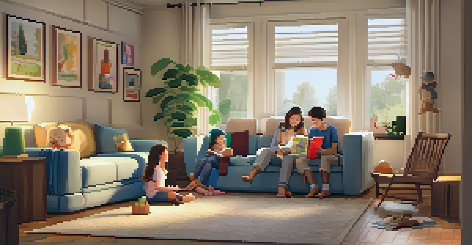 A parent reading a storybook to children sitting on the floor in a cozy living room filled with cushions and artwork.