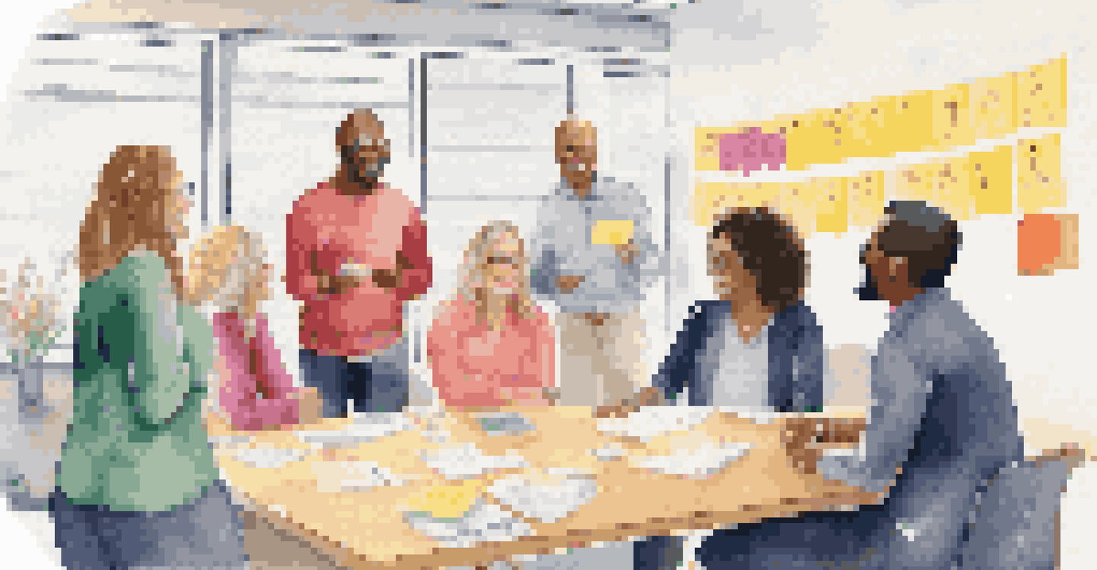 Educators in a staff room sharing gratitude, surrounded by a wall covered in colorful sticky notes, illustrating a supportive environment.