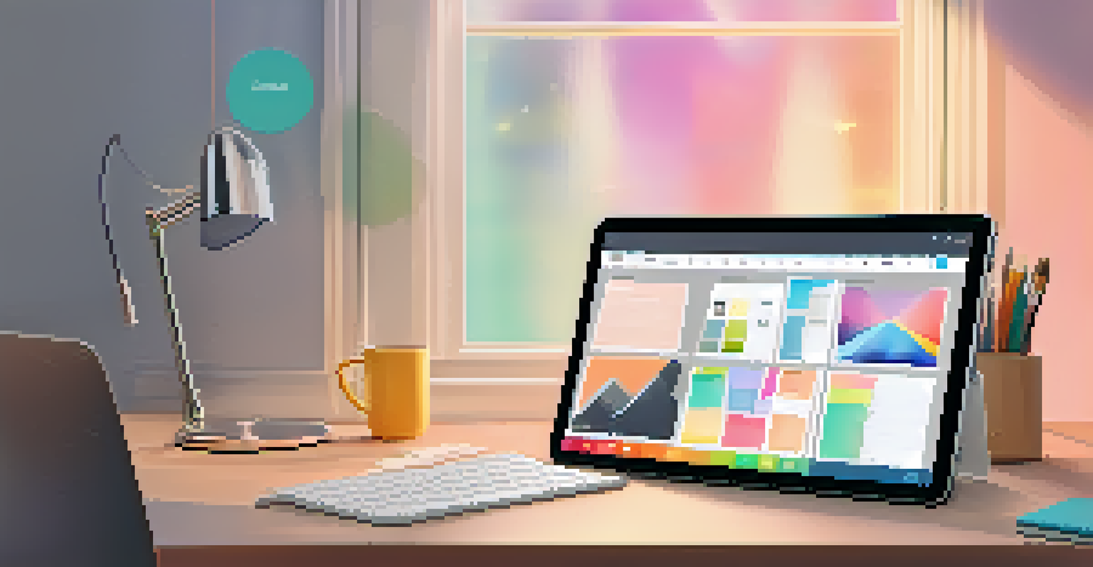 A digital workspace with a tablet displaying productivity apps, surrounded by organized stationery and a soft desk lamp glow.