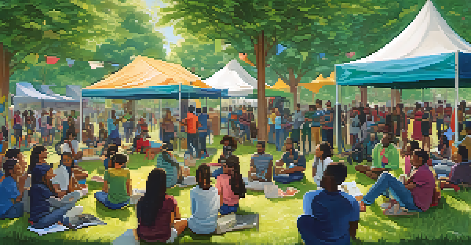 Students at an outdoor community event engaging with local leaders and activists, surrounded by banners about social justice in a lively park setting.