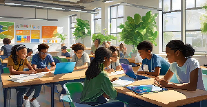 A vibrant classroom with diverse students using digital devices and collaborating on a project, filled with natural light and educational posters.